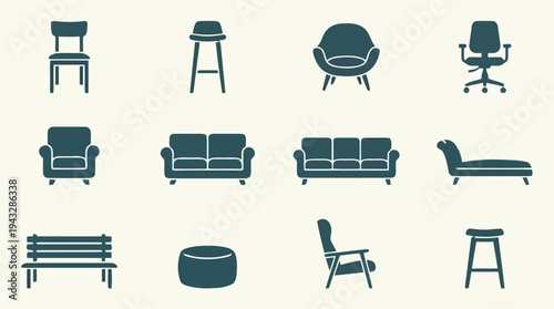 Variety of furniture icons for interior design and home decor in flat vector style