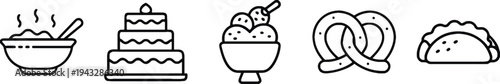 Variety of food icons like porridge, layered cake, ice cream sundae, pretzel, and taco