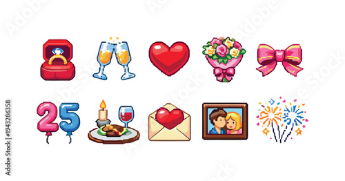 Valentine's Day romantic celebration icons anniversary engagement wedding proposal proposal dinner and fireworks