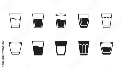 Variety of glasses icons representing different drinking vessels with beverages and liquid levels