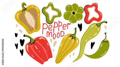 Colorful flat vector illustration of different peppers, playful hand drawn cartoon style with bold organic shapes.