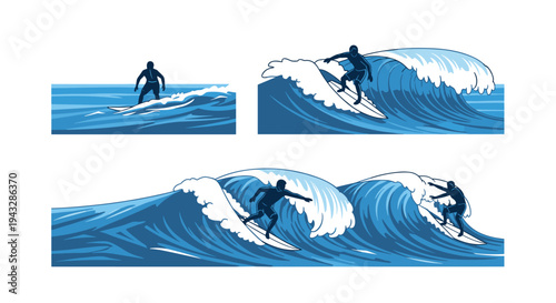 Surfers riding waves in a dynamic illustration with multiple action shots
