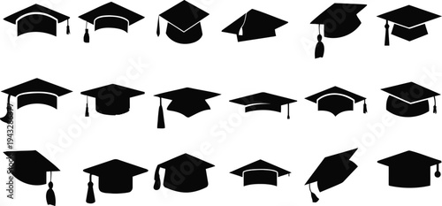 Variety of graduation caps in different styles and angles