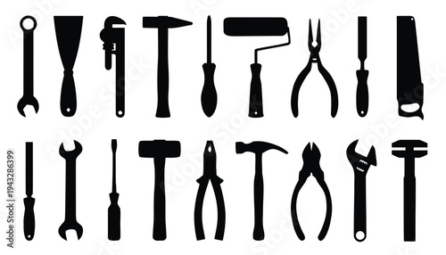 Variety of hand tool silhouettes for construction and repair