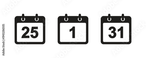 Various calendar icons in solid black showing different date layouts and interactive elements