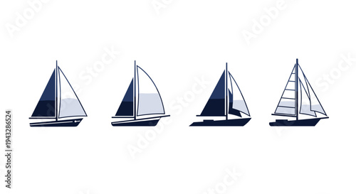 Collection of four stylized sailboats in various designs and sail configurations