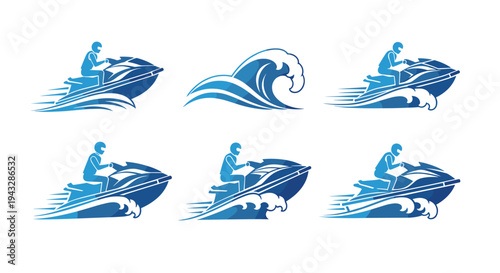 Collection of jet ski icons with waves and motion lines, perfect for water sports branding