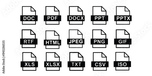 Various document file type icons for digital formats