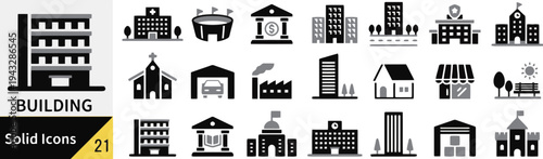 Various building solid icons representing different structures and architecture