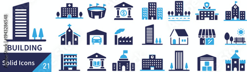 Various building solid icons representing different structures and architecture