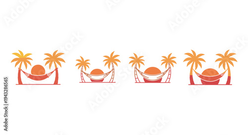 Tropical paradise with palm trees, hammock, and sunset, minimalist vector art