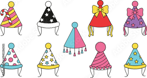 Set of colorful birthday party hats with various patterns and decorations on transparent background.