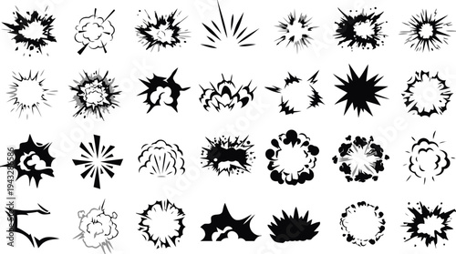 Various explosion and smoke burst icons for storyboard planning animation frames and comic book sound effect visuals
