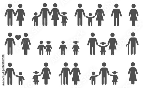 Various family units and couples shown in black and white pictogram style with children and seniors