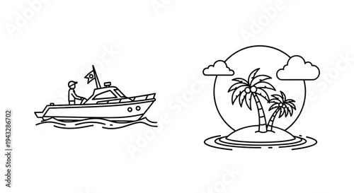 Line art illustration of a person driving a boat and a tropical island with palm trees