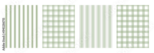 Green striped and plaid pattern collection. Minimal geometric textile backgrounds with vertical line and checkered grid layouts. Seamless vector surfaces ideal for fabric, packaging, wallpaper, and de