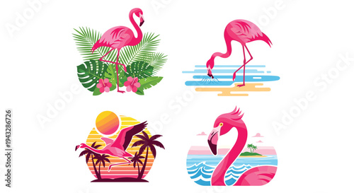 Collection of stylized pink flamingos in tropical and beach settings