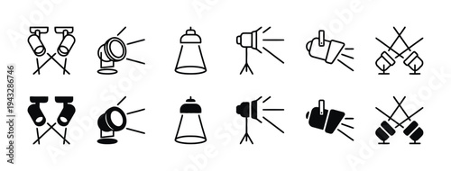 Various spotlight icons in outline and solid black styles for lighting effects
