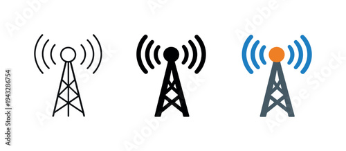 Set of three communication tower icons showing signal transmission in outline, solid black, and color