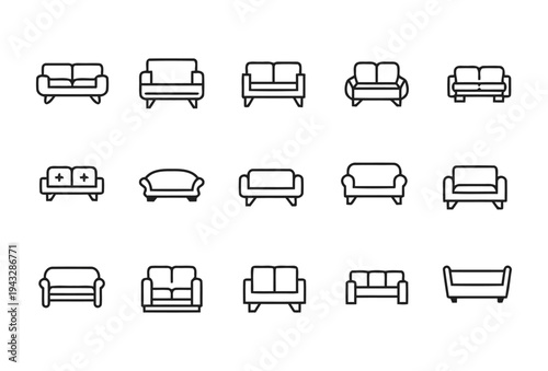 Various styles and designs of sofa and couch icons
