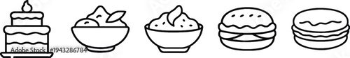 Various sweet desserts and burger icons on white background
