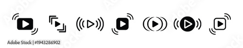 Video play button icons with sound waves and motion effects for media playback