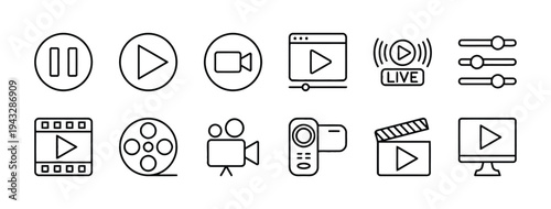 Video player and filming icons for media playback and production
