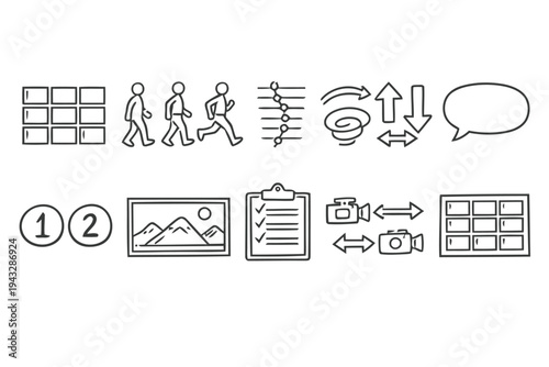 Video production and storytelling icons with storyboard animation camera and checklist graphics