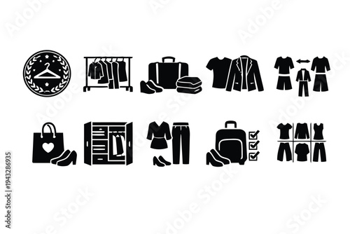 Wardrobe and clothing icons, fashion and outfit organization elements