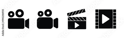 Video production icons featuring cameras, clapperboard, and film reel
