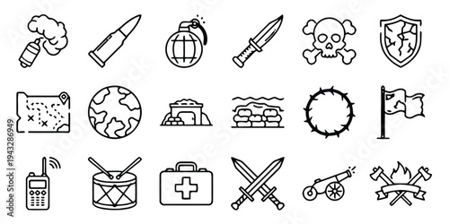 Warfare and military equipment icons for conflict and defense themes