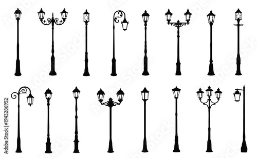 Vintage and modern street lamp post silhouettes, elegant outdoor lighting fixtures