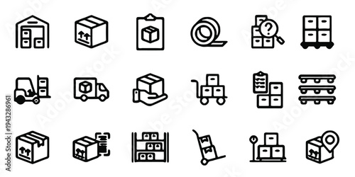 Warehouse and logistics icons representing shipping storage and delivery operations