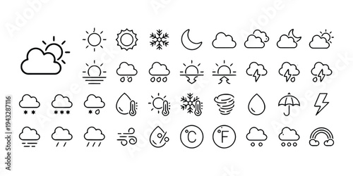 Weather forecast line icons set for meteorology and climate tracking apps