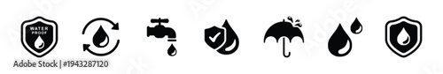 Waterproof shield symbols and icons for protection and safety with drops and umbrella