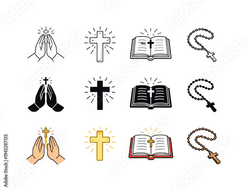 Collection of Christian religious symbols including praying hands, crosses, Bibles, and rosaries