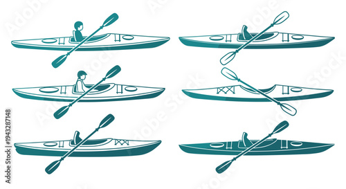Collection of stylized kayak illustrations with paddles, showing different designs and a person