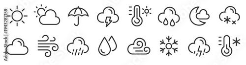 Weather icons set for forecast including sun, clouds, rain, snow, and temperature