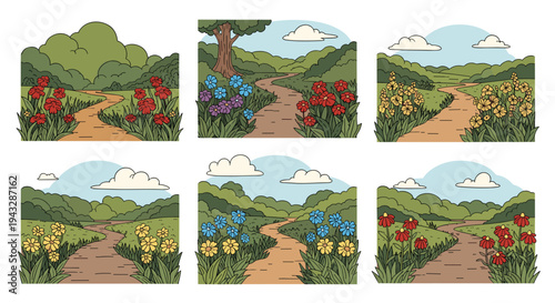 Charming cartoon path winding through rolling hills and vibrant wildflowers under a blue sky