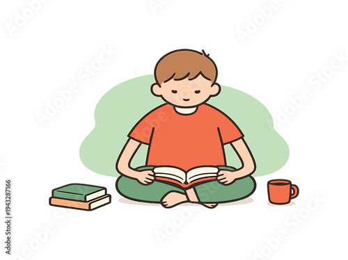 Bright child finishes a page and continues reading quietly, book balanced as the space remains peaceful. | child reading, quiet