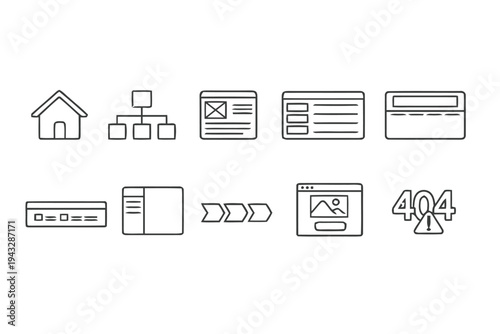 Web design and development icons in outline style for website creation and user interface elements