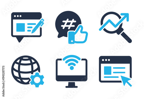 Web development and digital marketing icons for online business and content creation