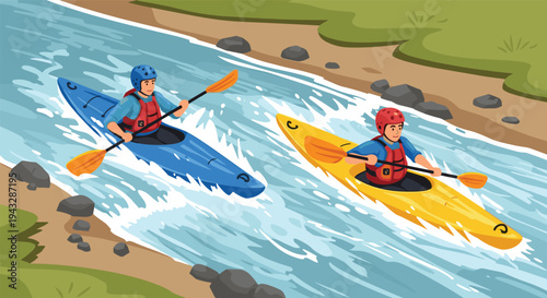 Two kayakers paddle down a rushing river surrounded by nature and rocks