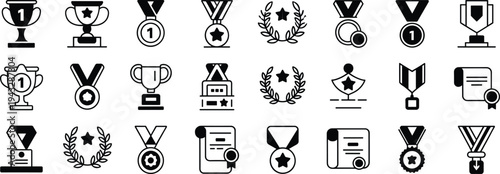 Award And Trophy Icon Set With Medals And Certificates vector victory