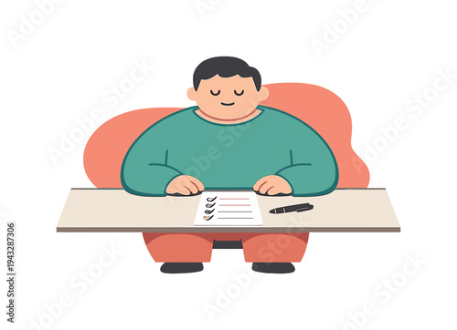 Nearby person finishes a to-do list at a desk, final item added, pen set aside, calm pause before action... | to-do list, task