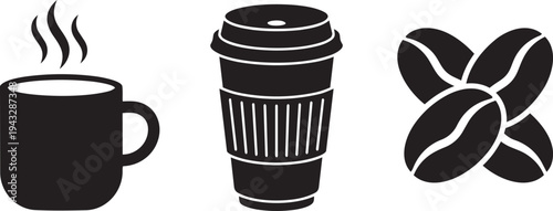 Coffee icons set: hot mug, takeaway cup, and coffee beans vector graphic.