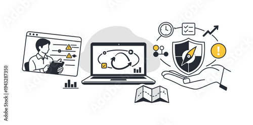 Modern minimal flat vector conceptual collage, crisp hard edges, consistent THIN outline stroke, rounded corners where needed,