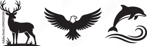 Deer, Eagle, and Dolphin Animal Silhouettes Vector Illustration Set