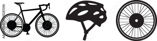 Road bike, cycling helmet, and bicycle wheel black vector silhouettes