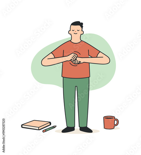 Gentle person stretches hands after work standing quietly, wrists rotating slowly, breath steady, work tools resting aside. |